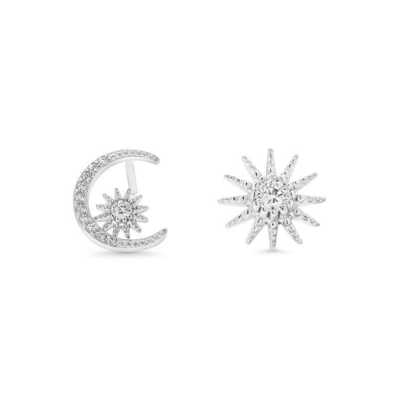 Sterling Silver Rhodium Plated Sun and Moon Clear CZ Stud Earring - STE01400