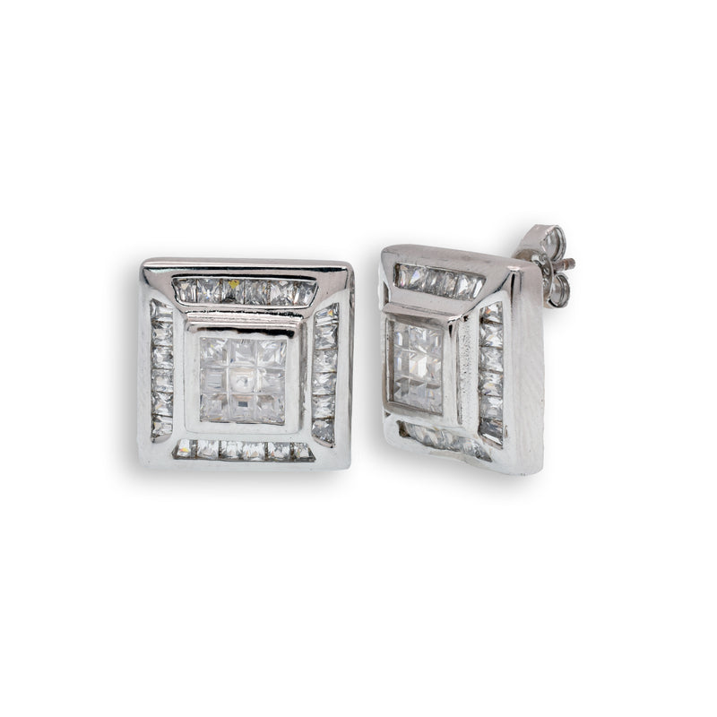 Clearance-Rhodium Plated 925 Sterling Silver Square Clear CZ Stud Earrings - STEM002