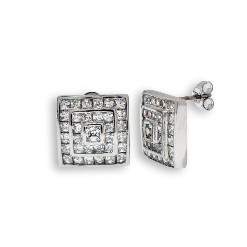 Clearance-Rhodium Plated 925 Sterling Silver Square Clear CZ Stud Earrings - STEM003