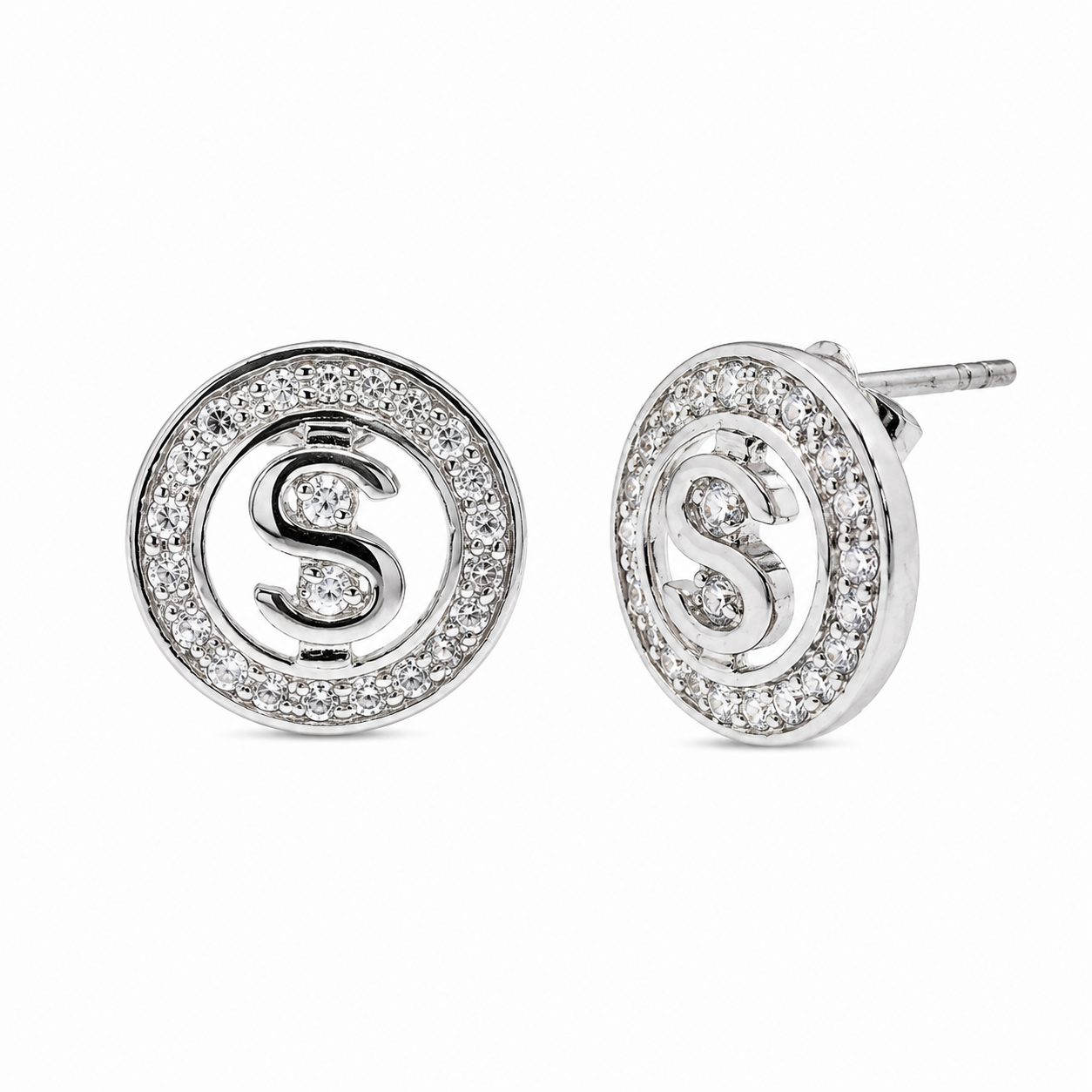 Pendientes de botón de plata de ley 925 rodiada con circonitas y signo de dólar para hombre - STEM034