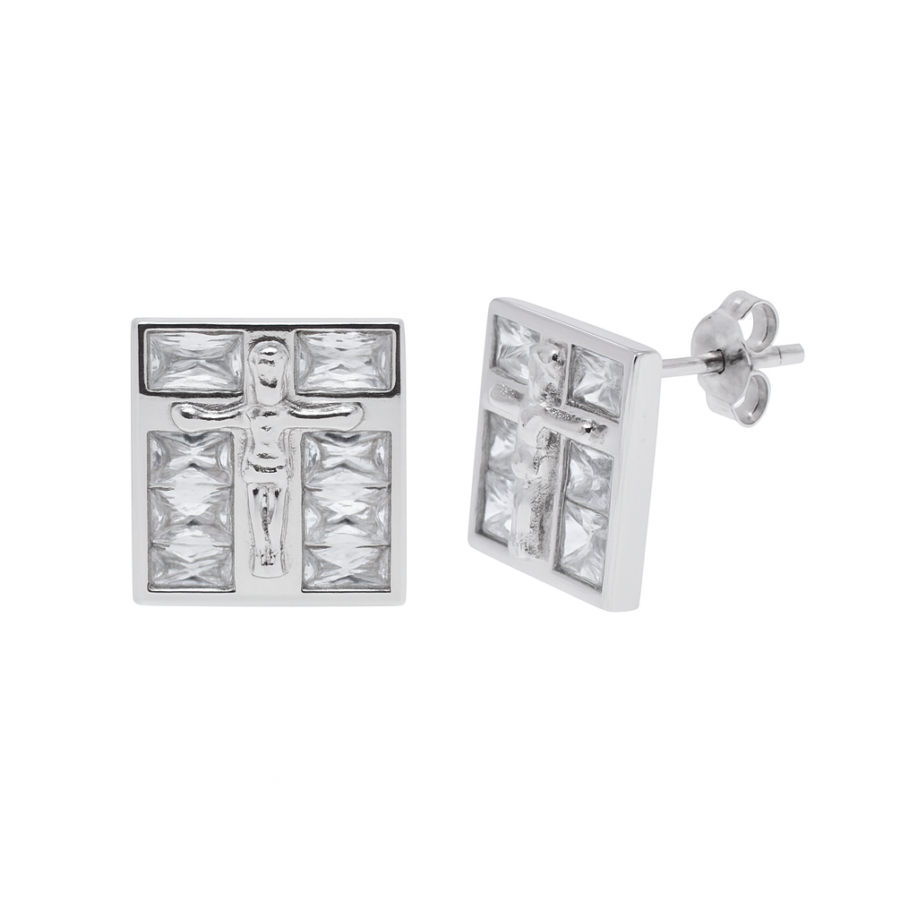 Rhodium Plated 925 Sterling Silver Men's Baguette CZ Square Jesus Earrings - STEM037