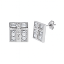 Rhodium Plated 925 Sterling Silver Men's Baguette CZ Square Jesus Earrings - STEM037