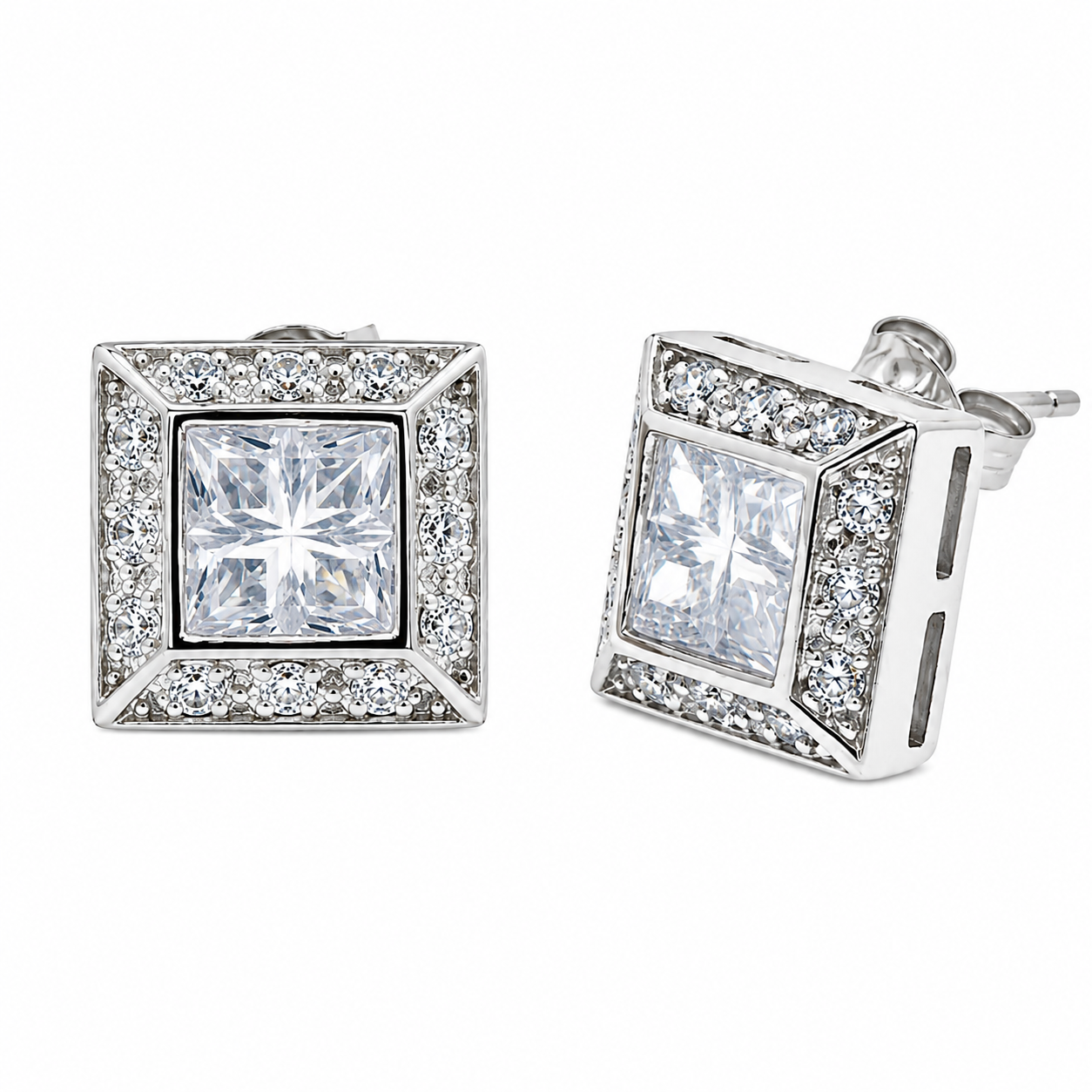 Clearance-Rhodium Plated 925 Sterling Silver Men's CZ Stud Earrings - STEM040
