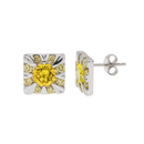 Rhodium Plated 925 Sterling Silver Men's Yellow CZ Square Sunburst Earrings - STEM056YLW