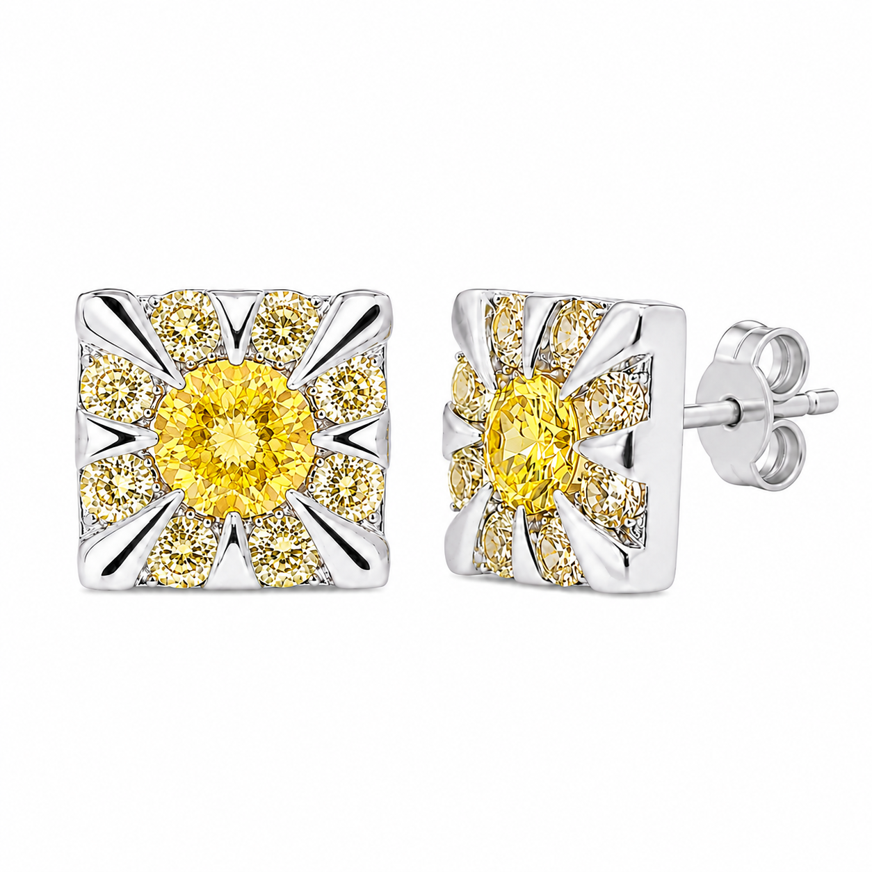 Rhodium Plated 925 Sterling Silver Men's Yellow CZ Square Sunburst Earrings - STEM056YLW