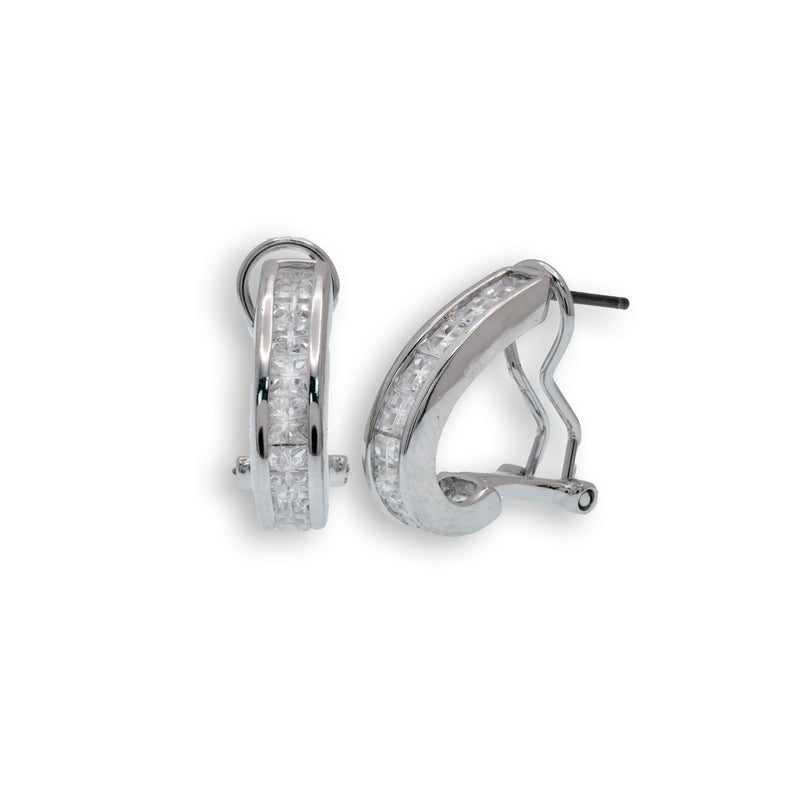 Clearance-Silver 925 Rhodium Invisible Clear CZ Half Hoop Earrings - STEM111