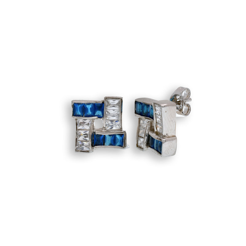 Clearance-Silver 925 Rhodium Blue & Clear CZ Baguette Earrings - STEM125