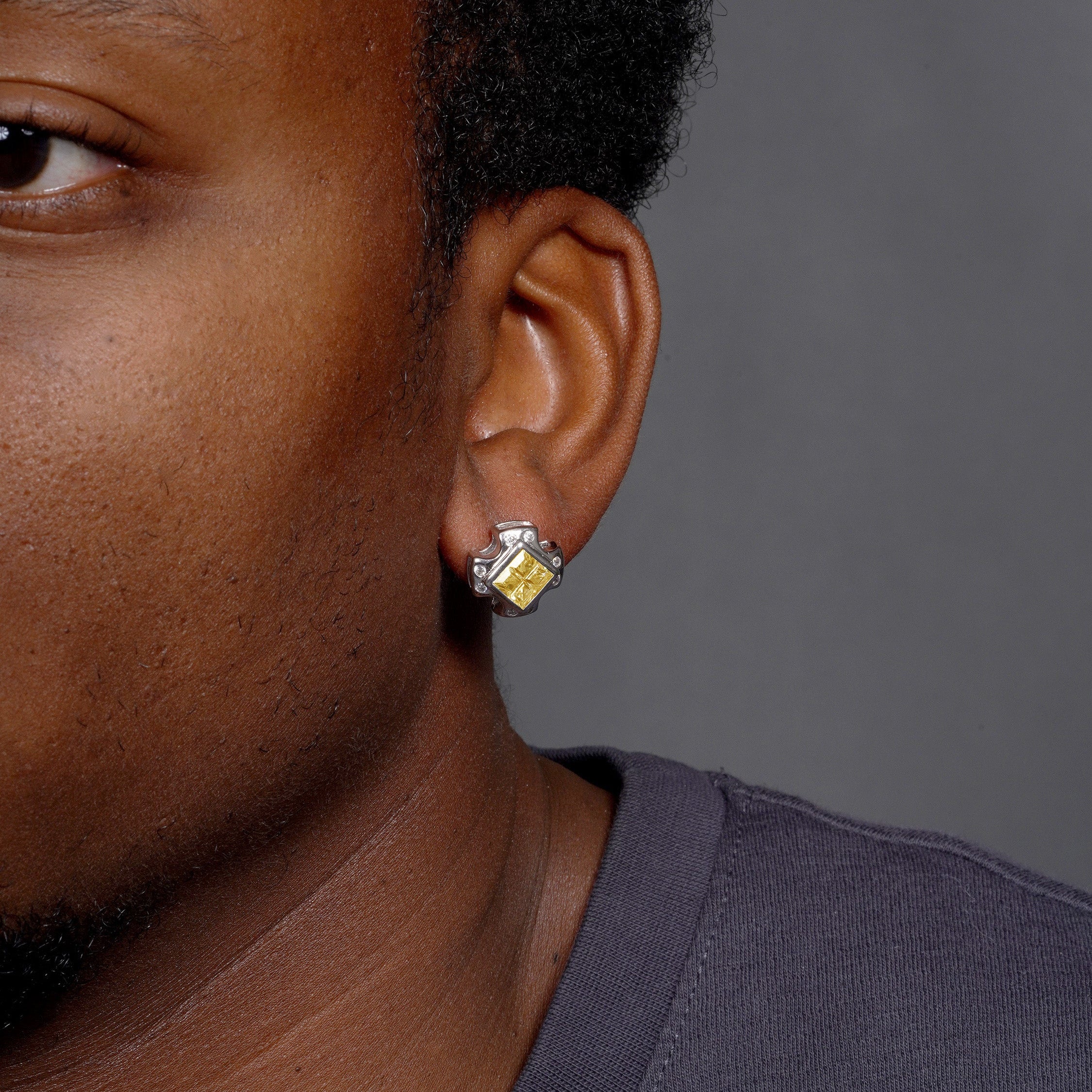 Clearance-High Polished 925 Sterling Silver Invisible Yellow Citrine CZ Center Stud Earrings - STEM139YLW