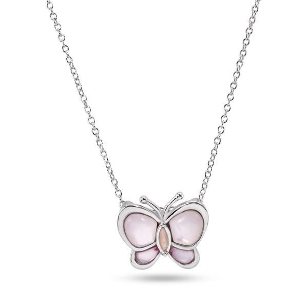 Closeout-Silver 925 Clear CZ Rhodium Plated MOP Pink Butterfly Pendant Necklace - STP00023-PNK