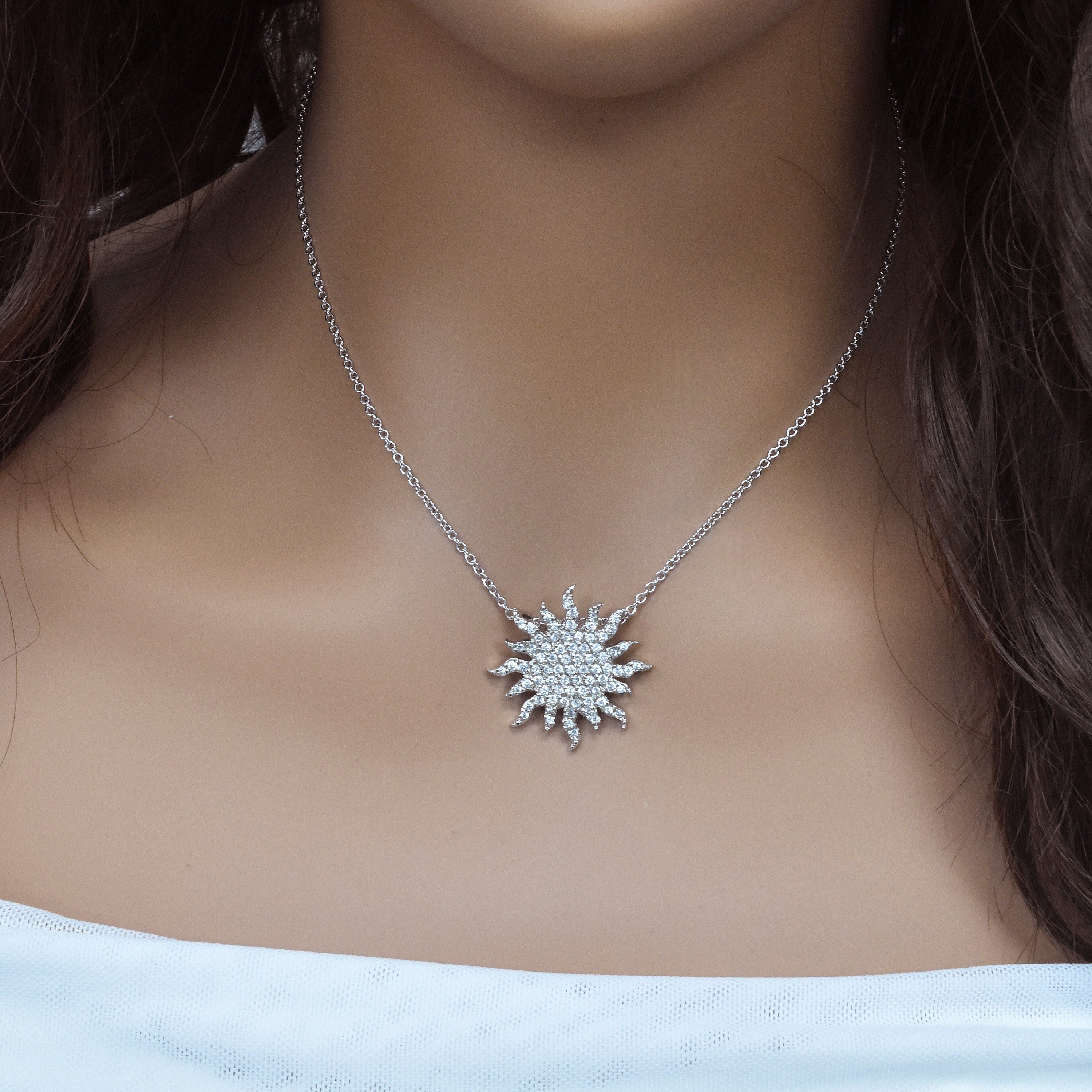 Clearance-Silver 925 Clear CZ Rhodium Plated Sun Pendant Necklace - STP00032