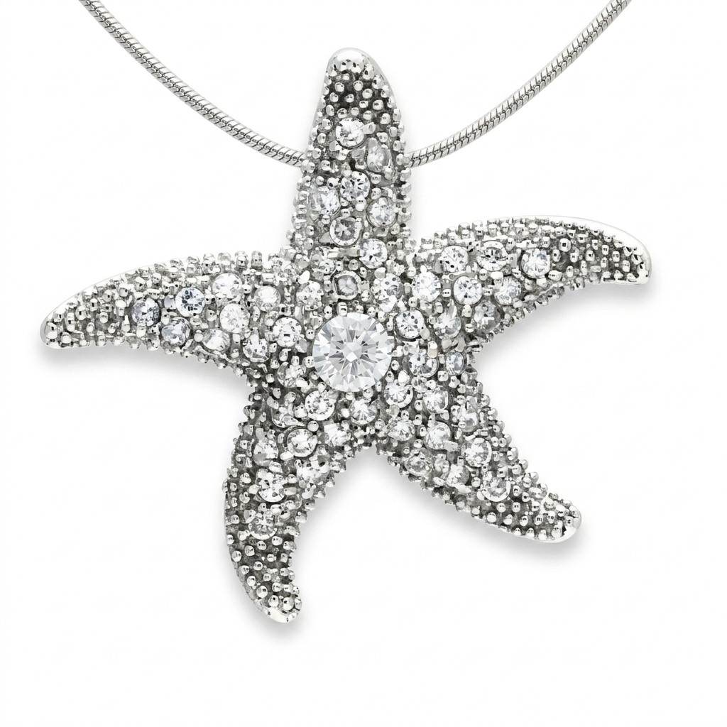 Broche y Colgante de Estrella de Mar de Plata Esterlina 925 con Circonita Cúbica Transparente y Baño de Rodio - STP00044