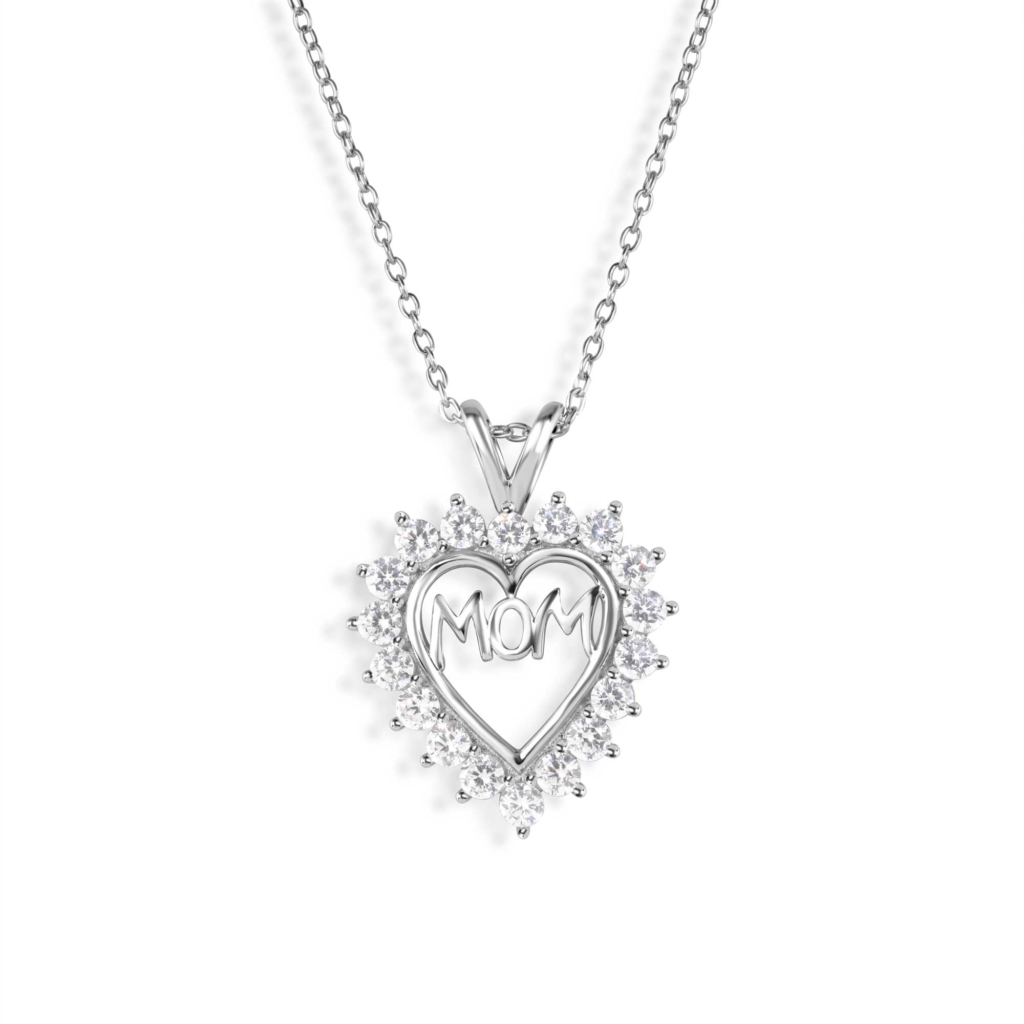 Silver 925 Clear CZ Rhodium Plated Mom Heart Pendant Necklace