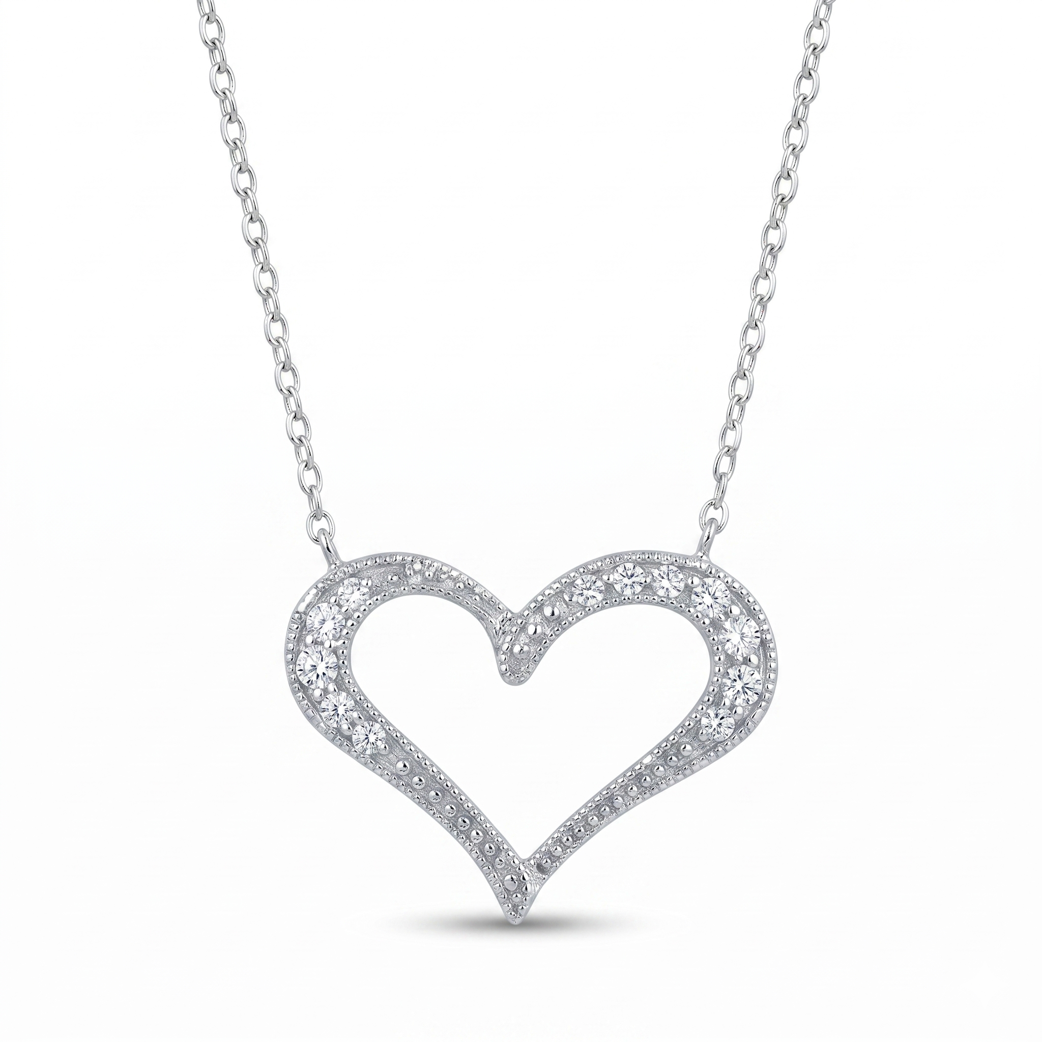 Rhdodium Plated 925 Sterling Silver Wide CZ Heart Pendant Necklace - STP00102
