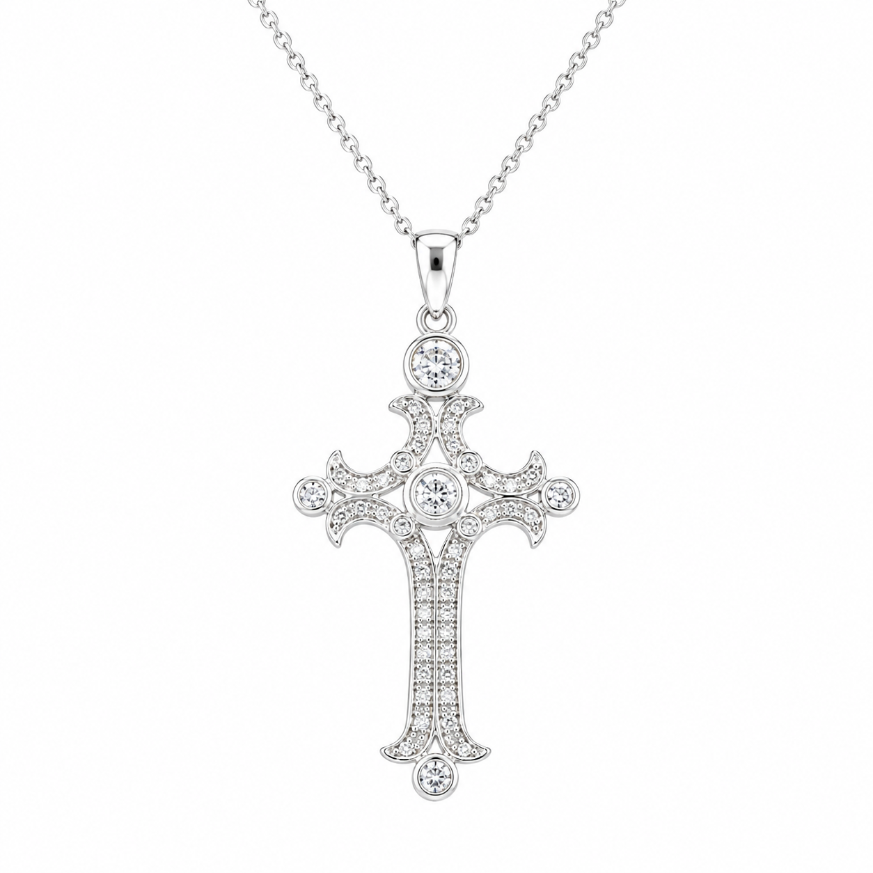 Clearance-Rhodium Plated 925 Silver Fancy Cross CZ Pendant Necklace - STP00111