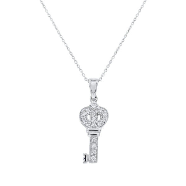 Rhodium Plated 925 Sterling Silver CZ Crown Key Pendant Necklace