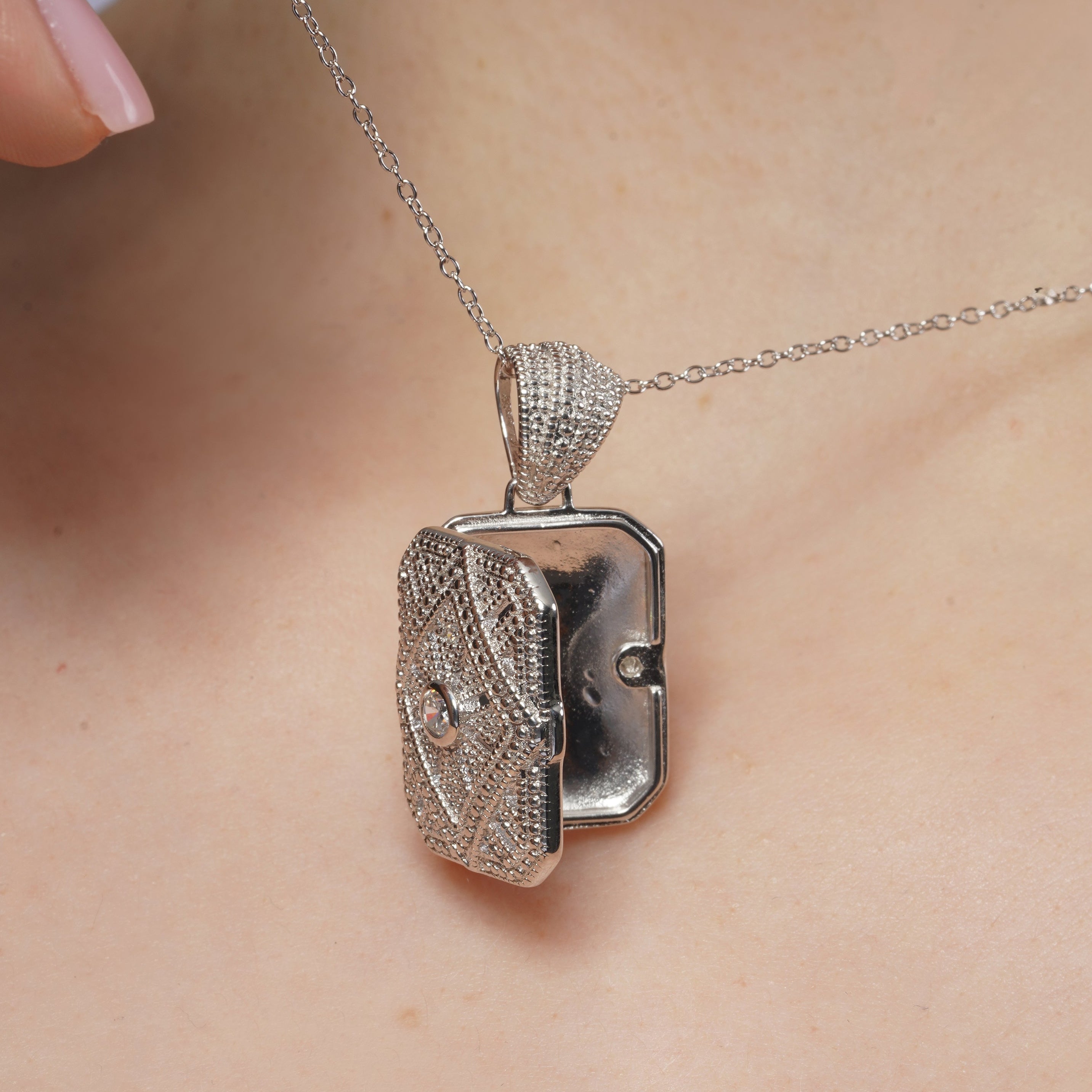 Rhodium Plated 925 Sterling Silver Ornate CZ Rectangle Locket Pendant Necklace - STP00123