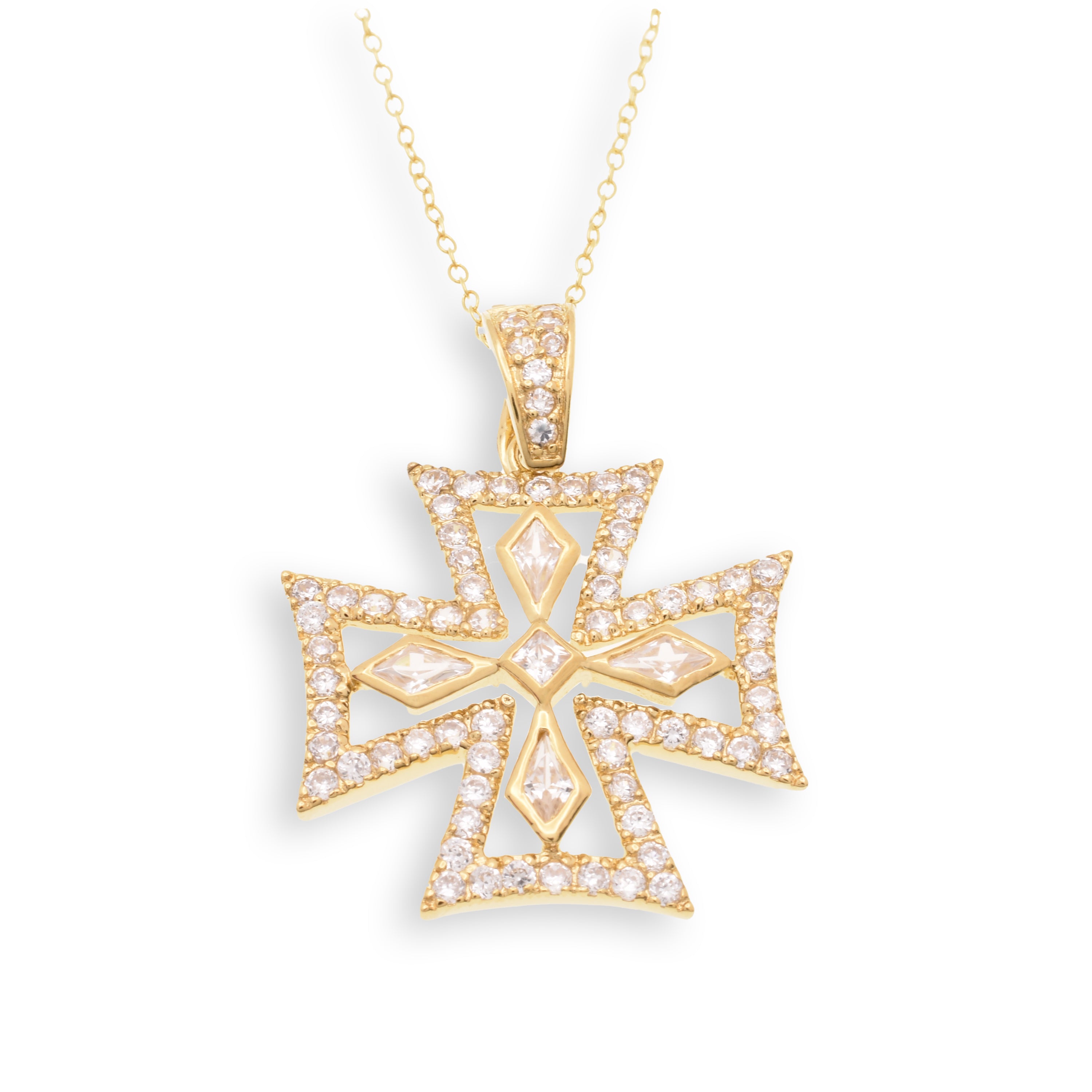 Clearance-Gold Plated 925 Sterling Silver Maltese Cross Clear CZ 29mm Pendant Necklace - STP00126GP