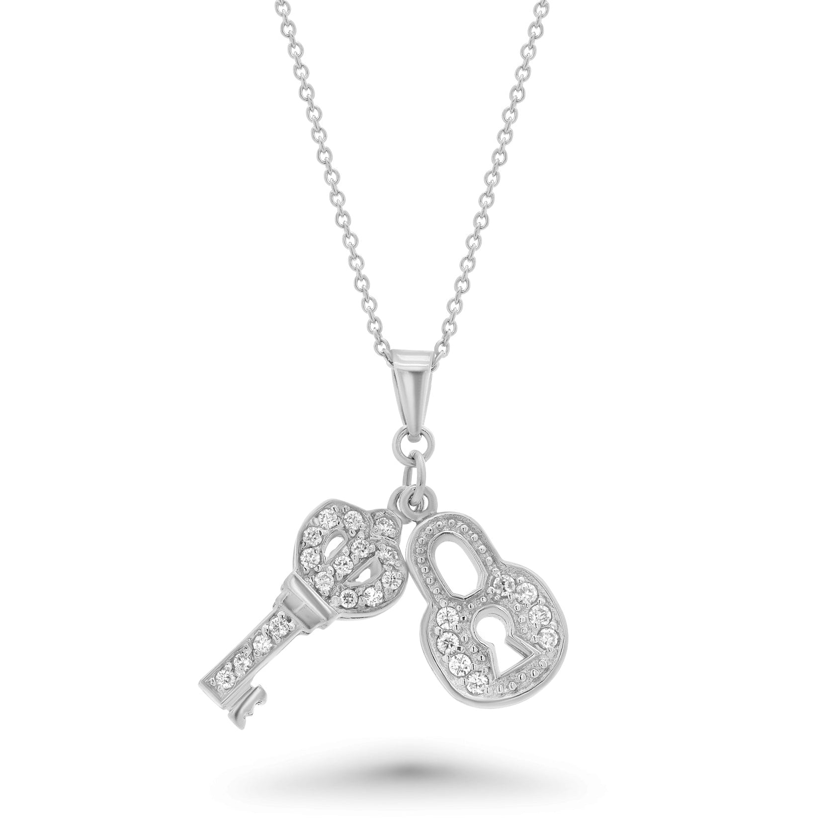 Rhodium Plated 925 Sterling Silver CZ Lock and Key Pendant Necklace - STP00127