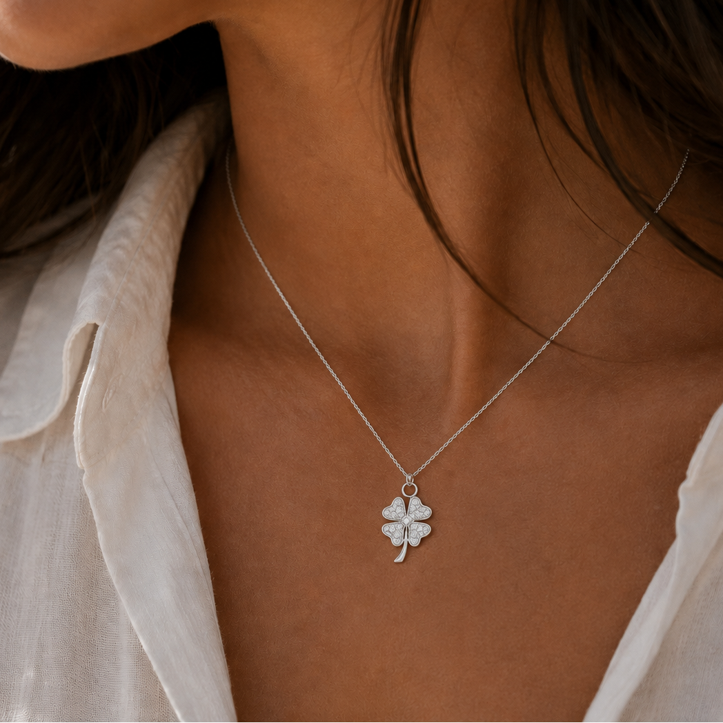 Rhodium Plated 925 Sterling Silver Double Sided CZ Clover Pendant Necklace - STP00143