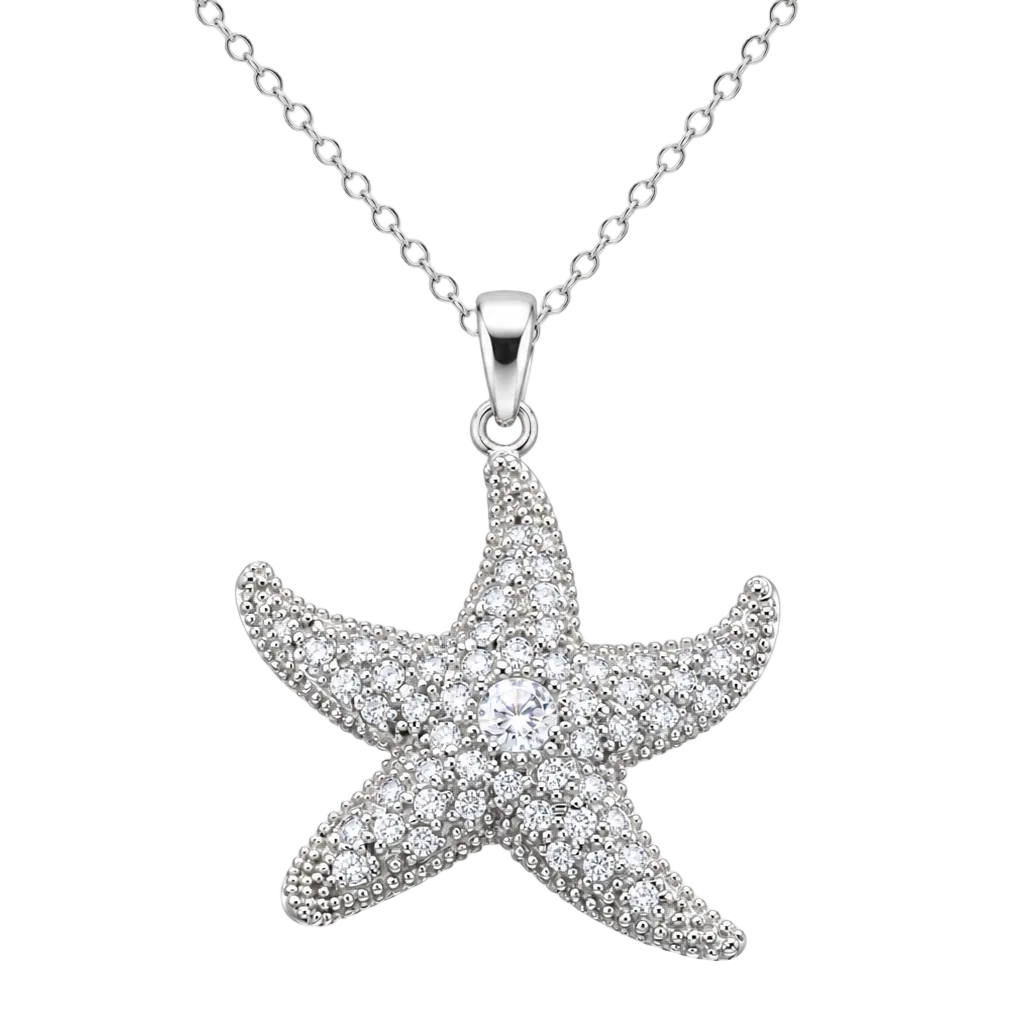Rhodium Plated 925 Sterling Silver CZ Starfish Pendant Necklace - STP00186