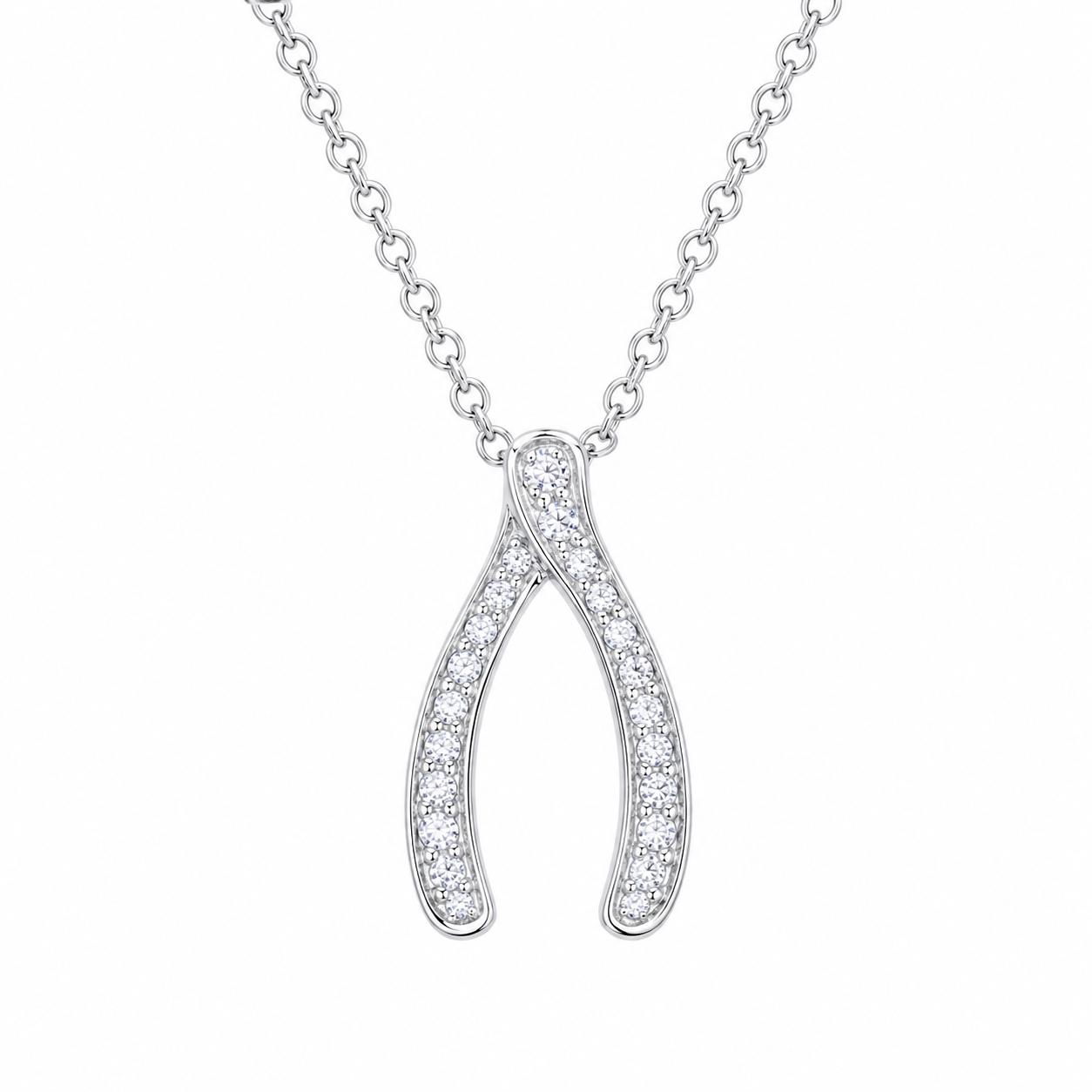 Rhodium Plated 925 Silver CZ Wishbone Pendant Necklace - STP00203