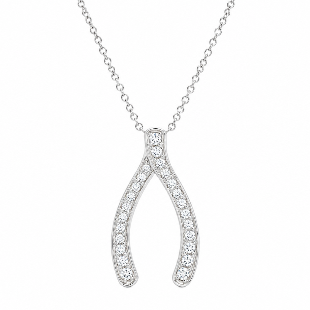 Clearance-Rhodium Plated 925 Silver CZ Wishbone Pendant Necklace - STP00204