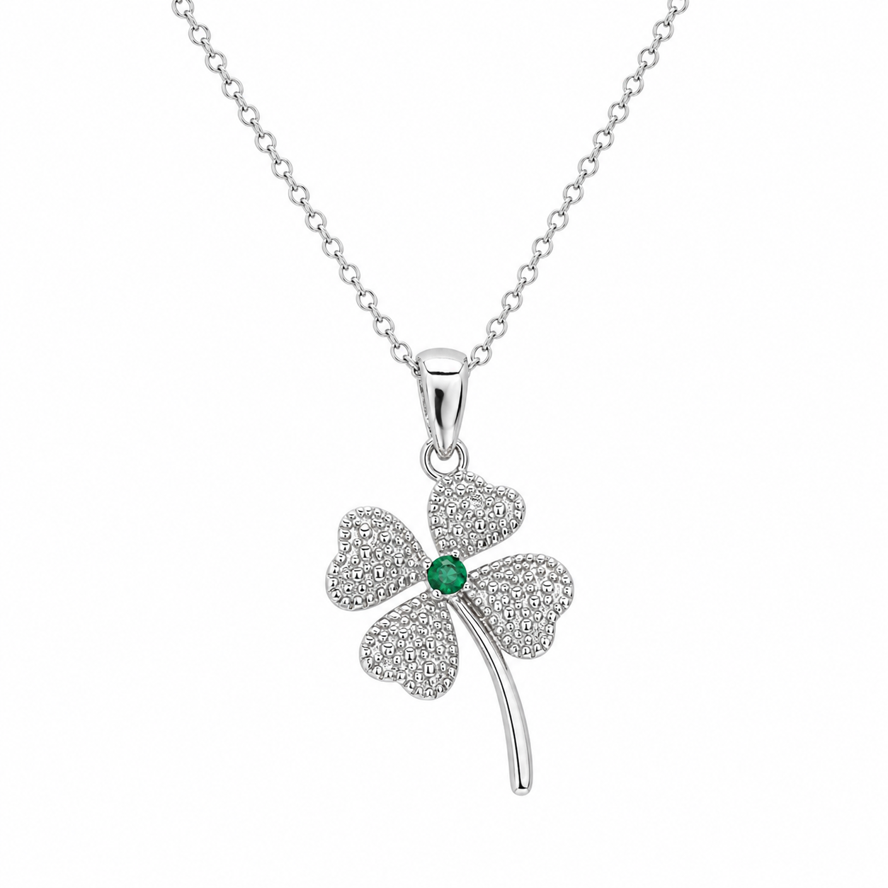 Rhodium Plated 925 Sterling Silver Clover w/Green CZ Pendant Necklace - STP00235-GREEN