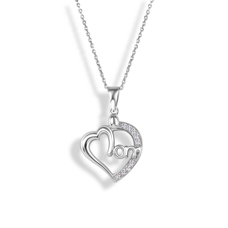 Silver 925 Clear CZ Rhodium Plated Mom Heart Pendant Necklace - STP00242