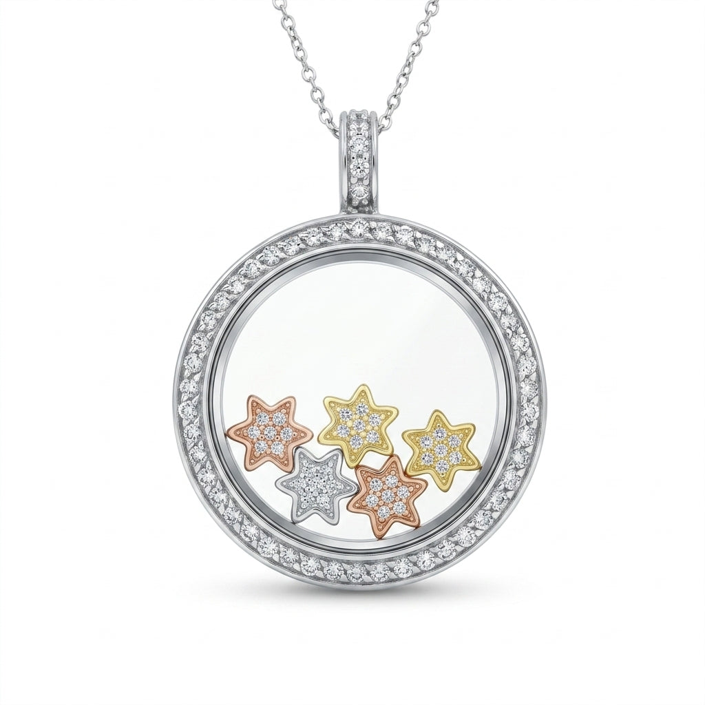 Rhodium Plated 925 Sterling Silver CZ Starts Floating Circle Locket Necklace - STP00266