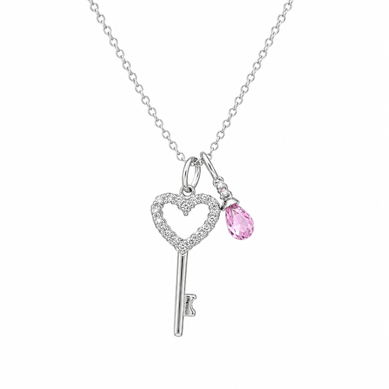 Rhodium Plated 925 Sterling Silver Pink Teardrop & Heart Key Pendant Necklace - STP00311