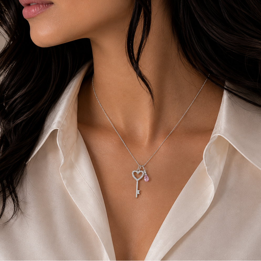 Rhodium Plated 925 Sterling Silver Pink Teardrop & Heart Key