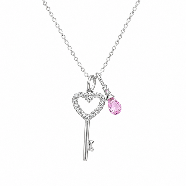 Rhodium Plated 925 Sterling Silver Pink Teardrop & Heart Key