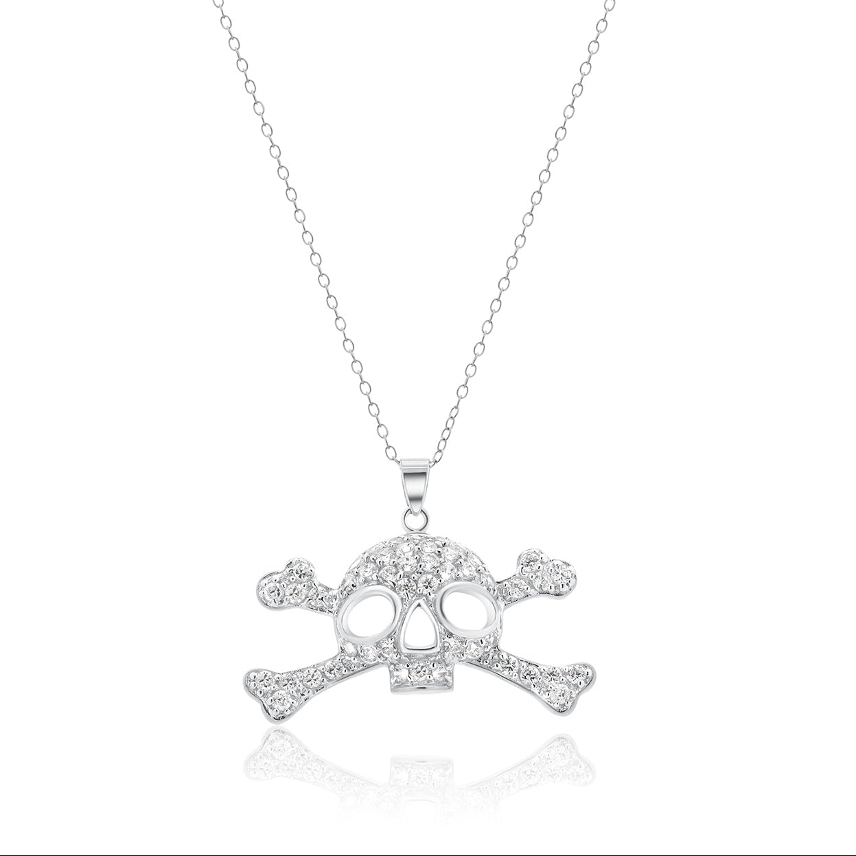 Silver 925 Clear CZ Rhodium Plated Skull Pendant Necklace - STP00395