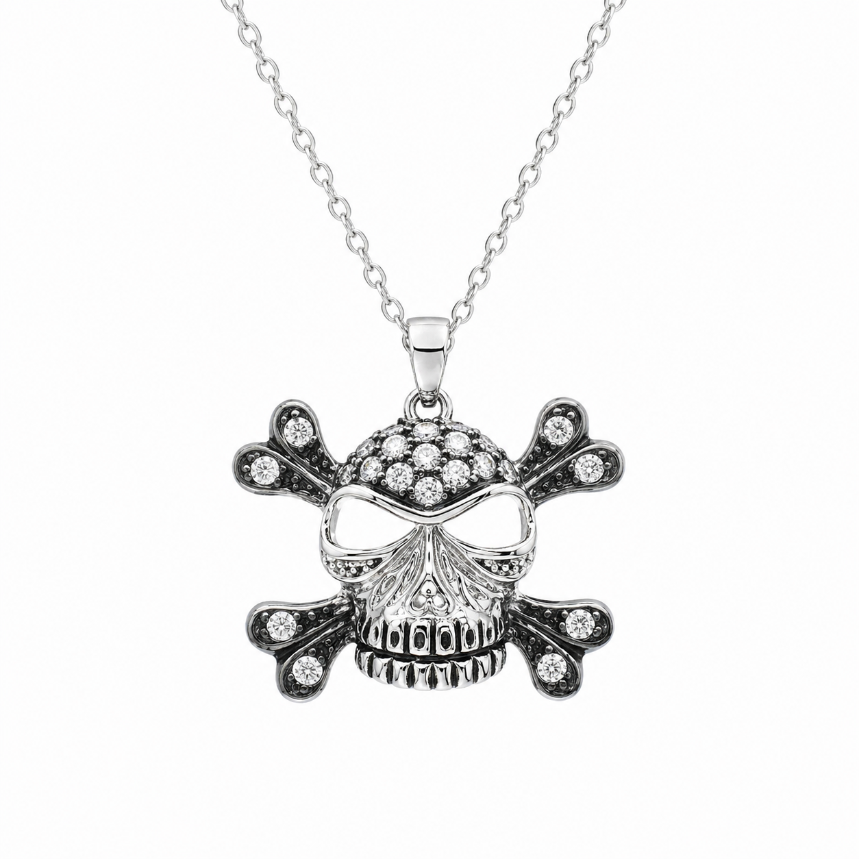 Clearance- Two Tone 925 Strling Silver Skull & Bones Pendant Necklace - STP00396