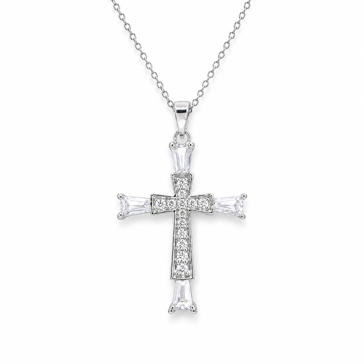 Rhodium Plated 925 Sterling Silver CZ Inlay Cross Pendant Necklace - STP00448