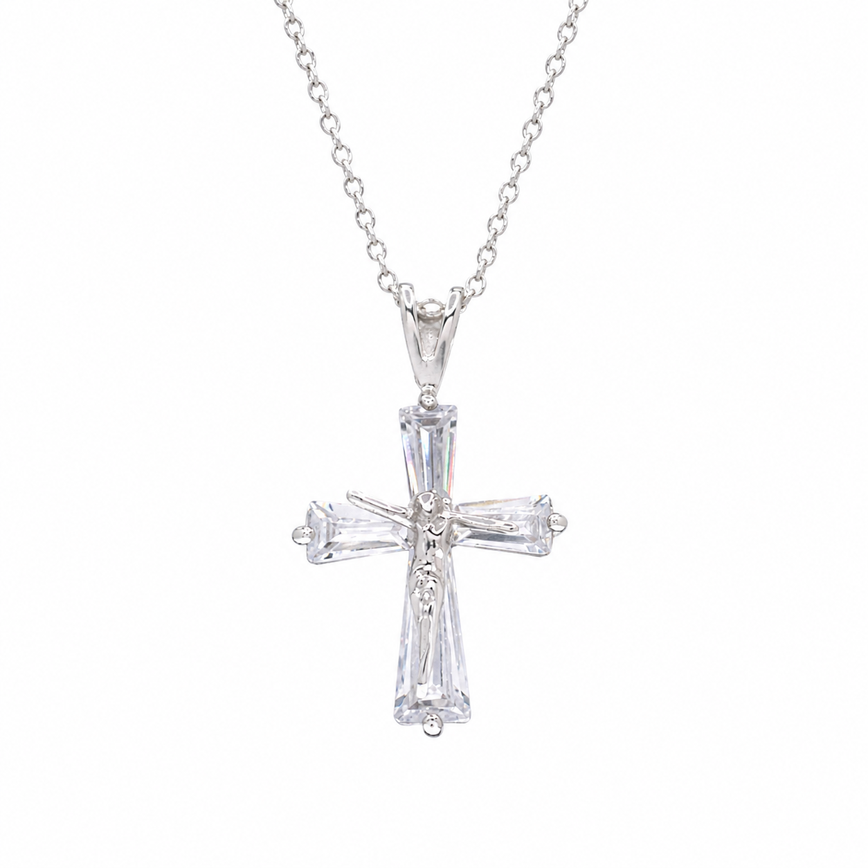 Rhodium Plated 925 Sterling Silver Dainty Jesus CZ Crucifix Pendant Necklace- STP00462