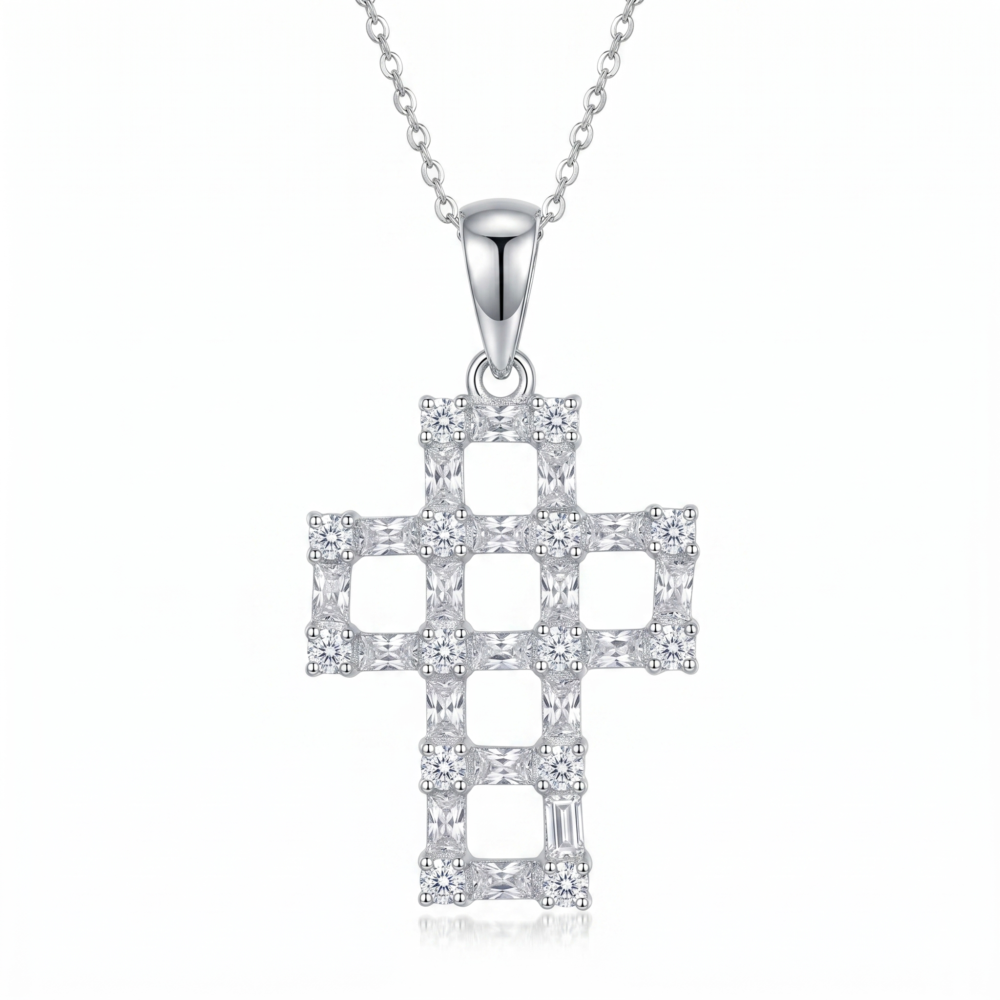Clearance-Rhodium Plated 925 Sterling Silver CZ Basket Cross Pendant Necklace - STP00464