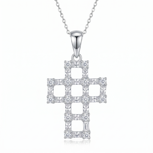 Clearance-Rhodium Plated 925 Sterling Silver CZ Basket Cross