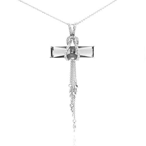 Silver 925 Rhodium Plated Clear CZ Hanging Strand Pendant Necklace - STP00465CLEAR