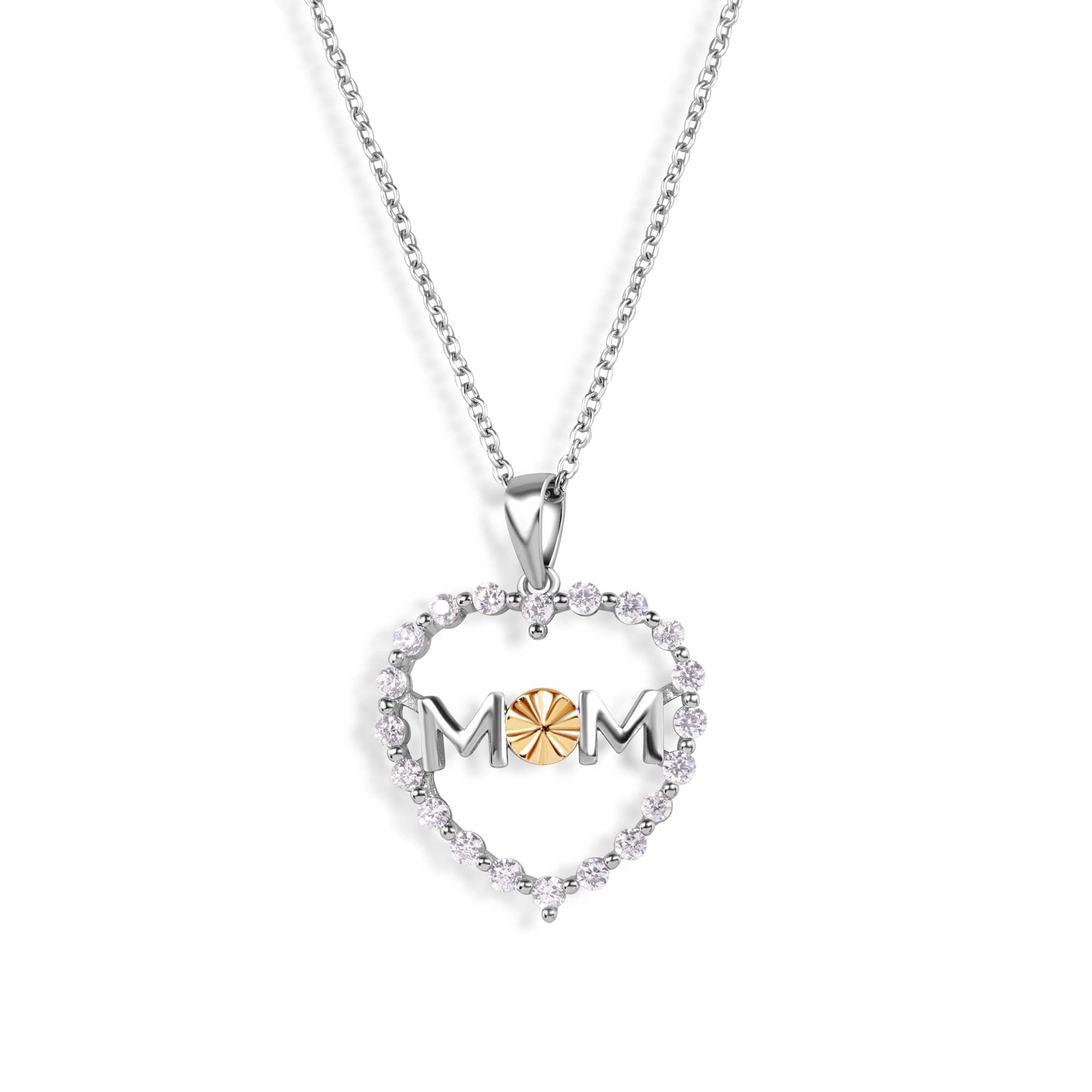 Silver 925 Rhodium & Gold Plated CZ Heart Mom Pendant Necklace - STP00504