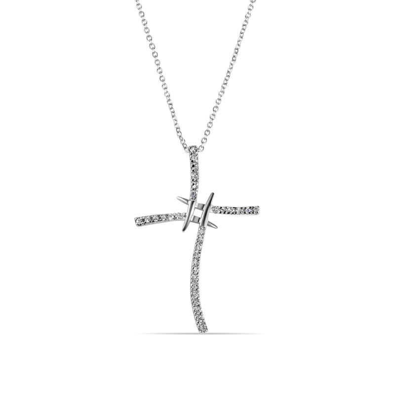 Rhodium Plated 925 Sterling Silver Artistic Cross Clear CZ Adjustable Necklace - STP00522