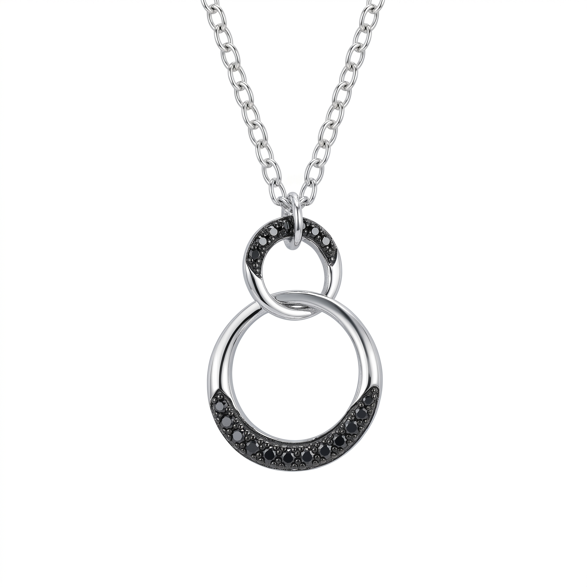 Clearance-Rhodium Plated 925 Sterling Silver Black CZ Interlocking Circles Necklace - STP00541