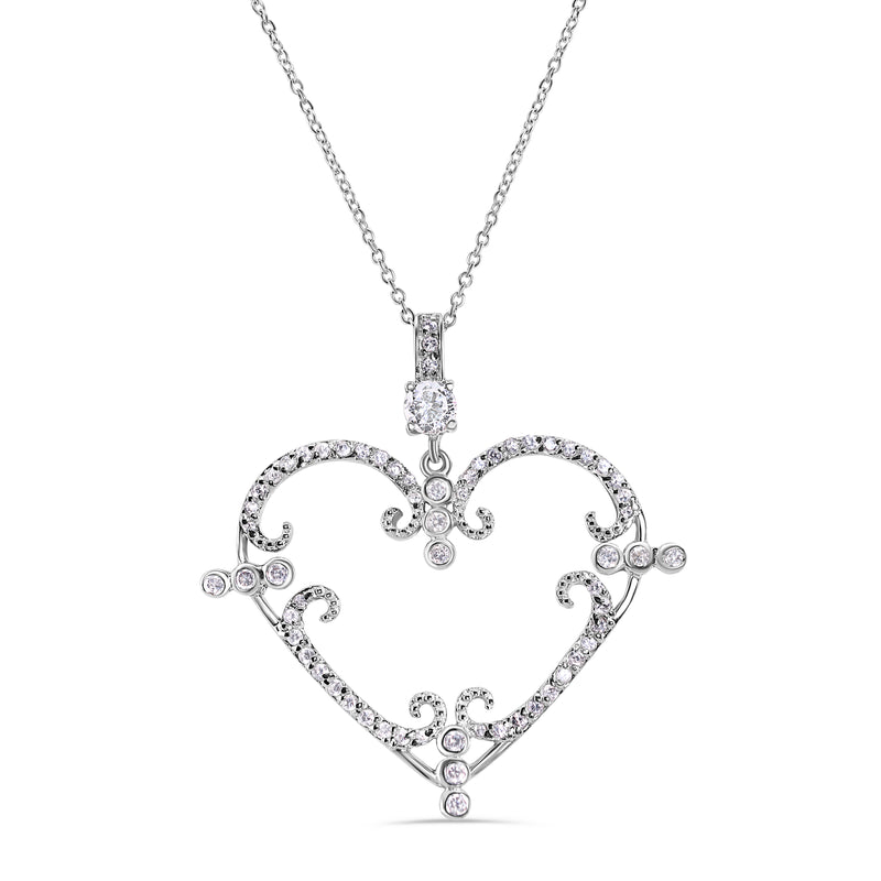 Clearance - Rhodium Plated 925 Sterling Silver Open CZ Filigree Heart Necklace - STP00605