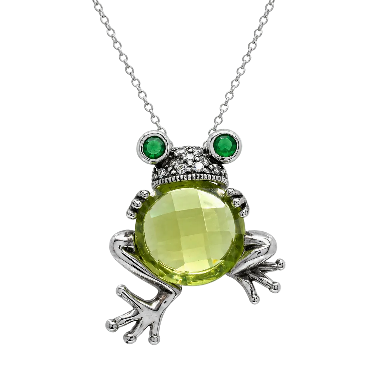 Rhodium Plated 925 Sterling Silver Green CZ Frog Pendant Necklace -STP00643