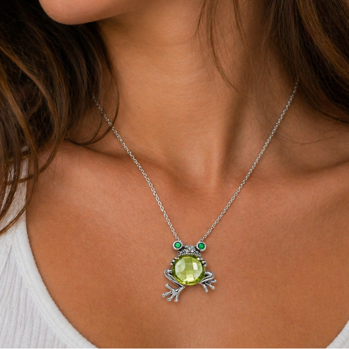 Rhodium Plated 925 Sterling Silver Green CZ Frog Pendant Necklace -STP00643