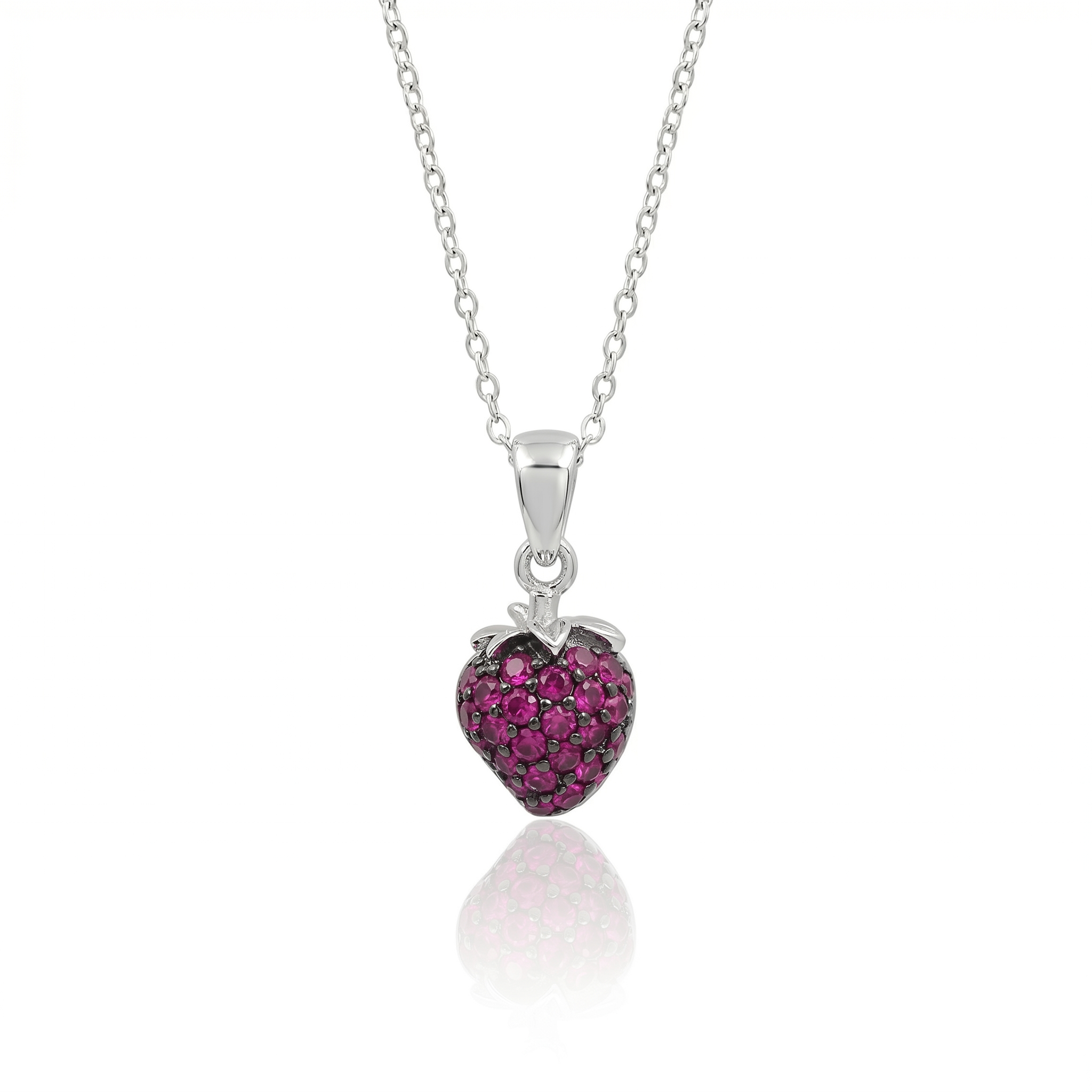 Clearance- Rhodium Plated 925 Sterling Silver Pink CZ Strawberry Pendant Necklace - STP00663
