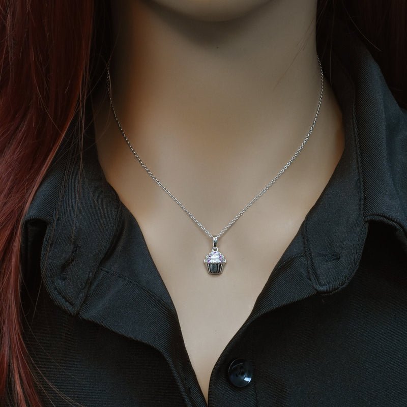Silver 925 Rhodium Plated Clear and Pink CZ Cupcake Pendant Necklace - STP00740