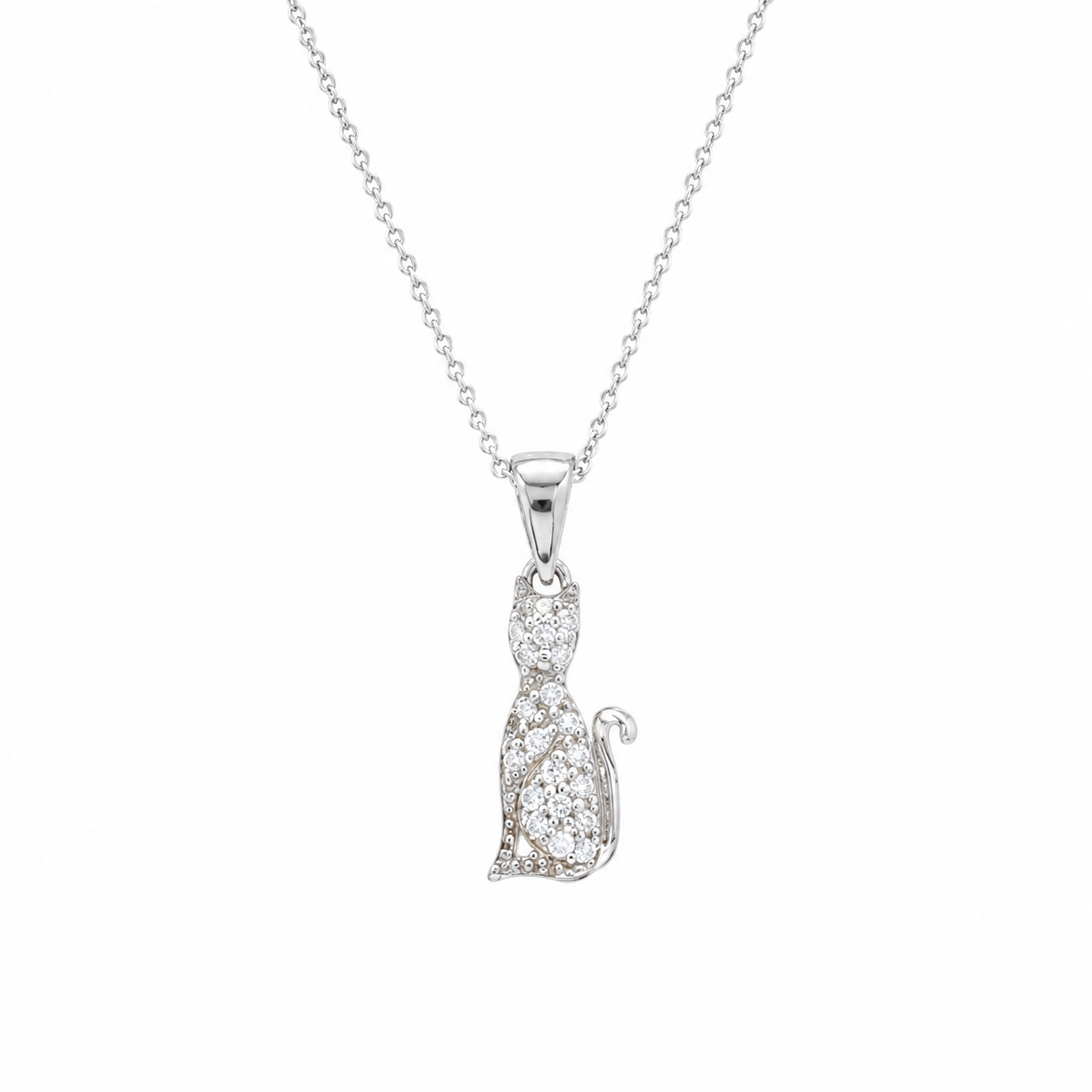Collar con colgante de gato de circonita cúbica transparente y baño de rodio en plata 925 (Liquidación) - STP00750