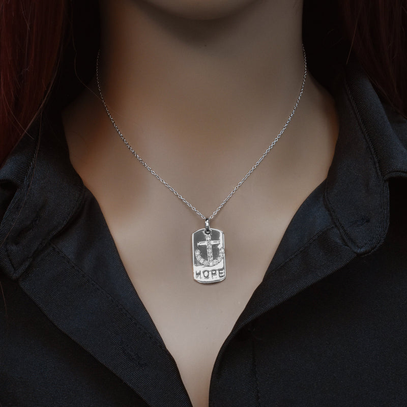 Silver 925 Rhodium Plated Clear CZ Anchor Black Dogtag Pendant Necklace - STP00754