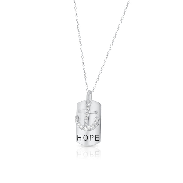 Collar con colgante de placa de identificación negra con ancla de circonita transparente chapada en rodio de plata 925 - STP00754